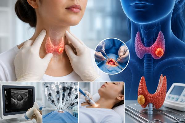 Medical collage showing thyroid cancer treatment in Pune including thyroid examination, surgery, ultrasound, targeted therapy and radioactive iodine — by Dr. Pratik Patil, Cancer Specialist at Jupiter Hospital, Baner, Pune