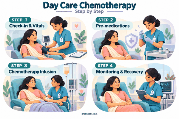 Four-step medical infographic outlining the day-care chemotherapy process, including vitals check, pre-medication, IV infusion, and recovery monitoring by doctor.